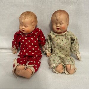 Vintage Windup Brahms Lullaby Baby Dolls in Red and Green Outfits 12”